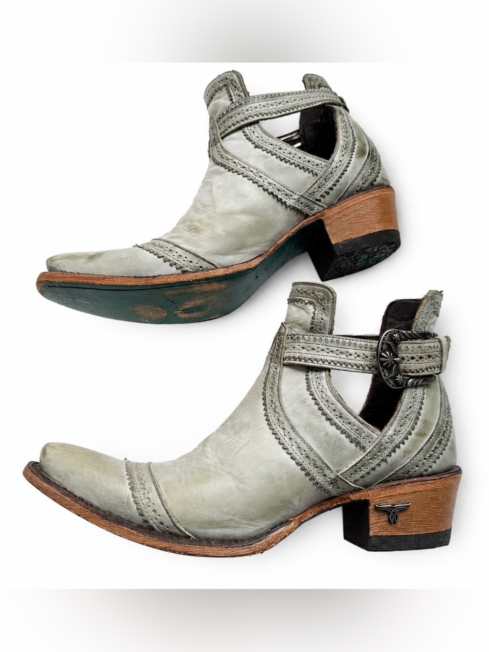 Lane Cahoots Western Booties Size 7.5 Light Teal Blue Leather Cutout Snip Toe - Picture 11 of 13